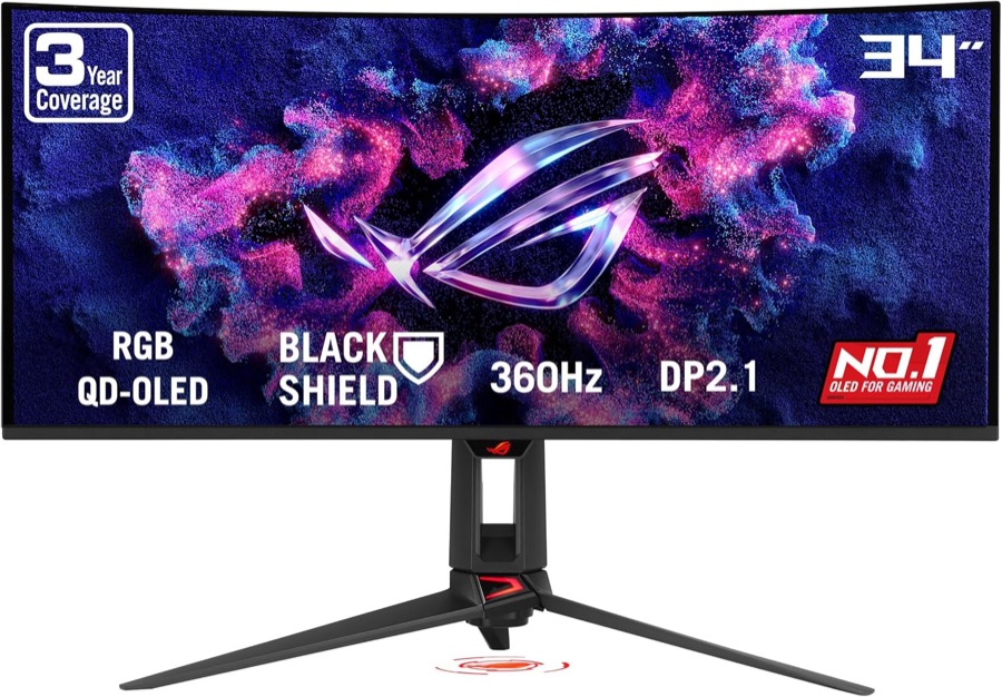 ASUS ROG SWIFT 34 inch QHD 2K 1440P 360Hz AMD FreeSync Premium Pro & G-SYNC Compatible HDR500 AUTO KVM USB-C Curved OLED Gaming Computer Monitor with Height Adjustable, Swivel & Tilt Stand PG34WCDN